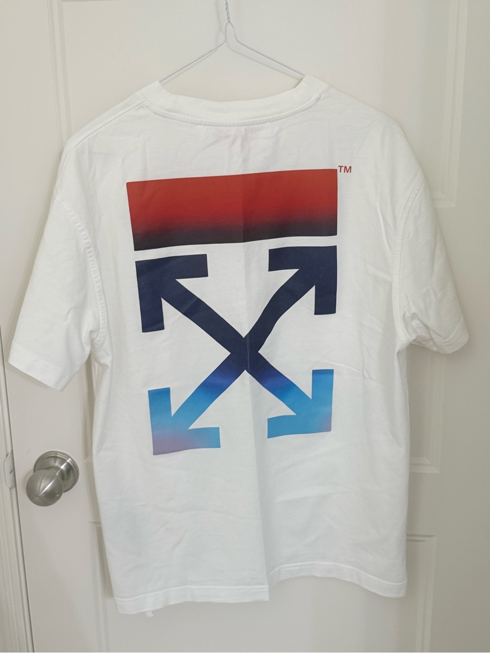 Off-White White Tee with Red-to-Blue Gradient Arrow Graphic